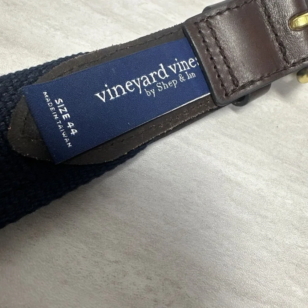 Vineyard Vines Whale Print Canvas & Leather Club Belt Navy Mens Sz 44 USA